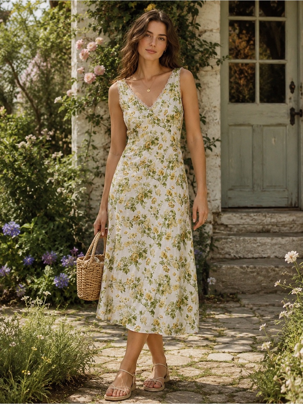 Laura Ashley Linen Floral Midi Dress Yellow Sz 10 NWT